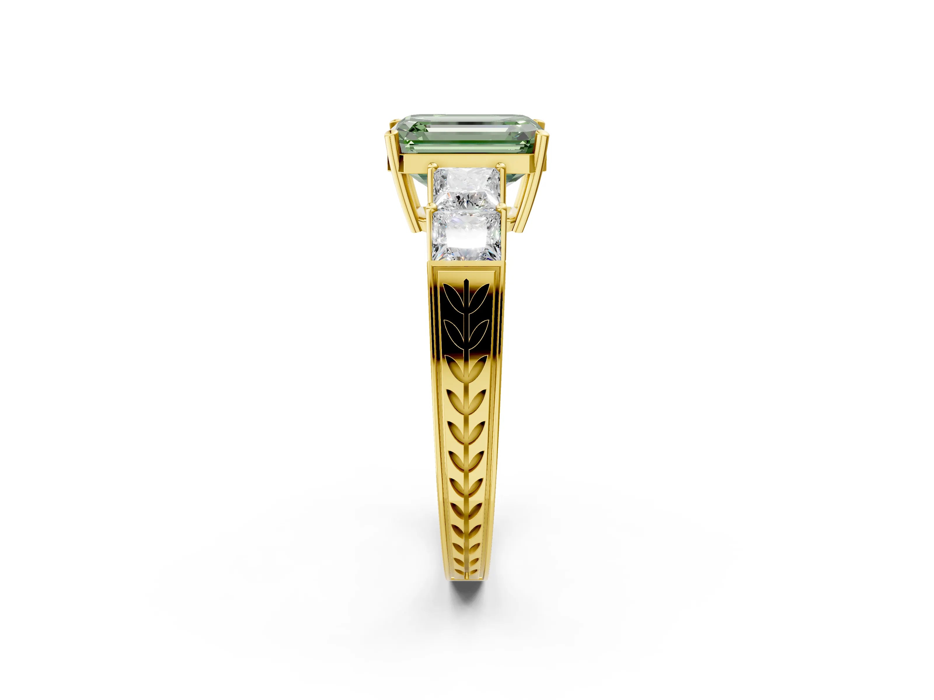 Yellow gold Fancy Green Emerald Cut Solitaire Princess Side Stone Engraved Band Prong Setting Ring_2
