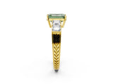 Yellow gold Fancy Green Emerald Cut Solitaire Princess Side Stone Engraved Band Prong Setting Ring_2