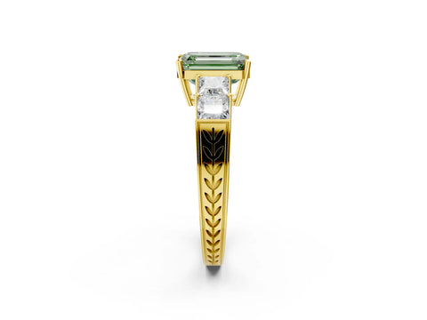 Yellow gold Fancy Green Emerald Cut Solitaire Princess Side Stone Engraved Band Prong Setting Ring_2