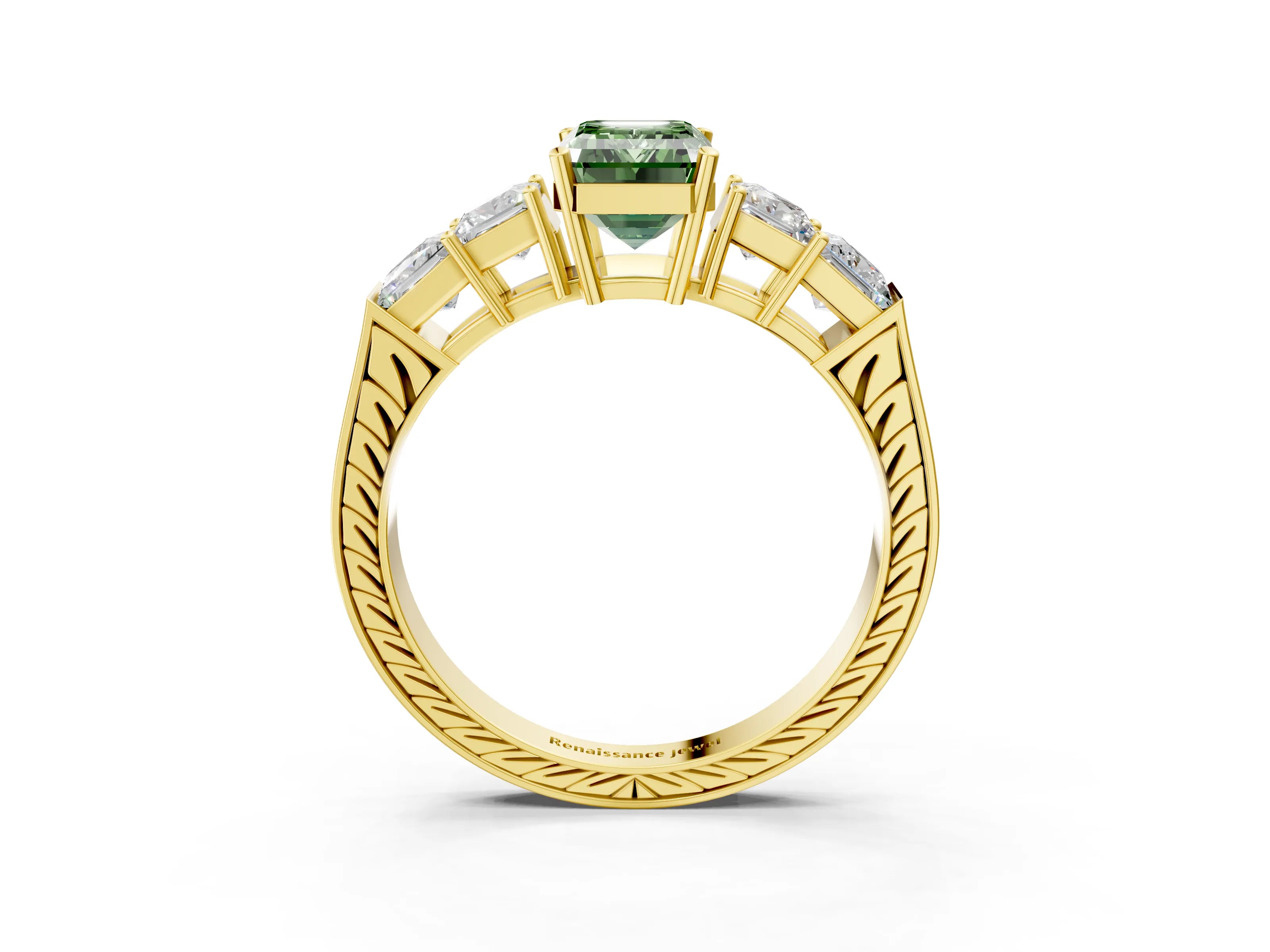 Yellow gold Fancy Green Emerald Cut Solitaire Princess Side Stone Engraved Band Prong Setting Ring_3