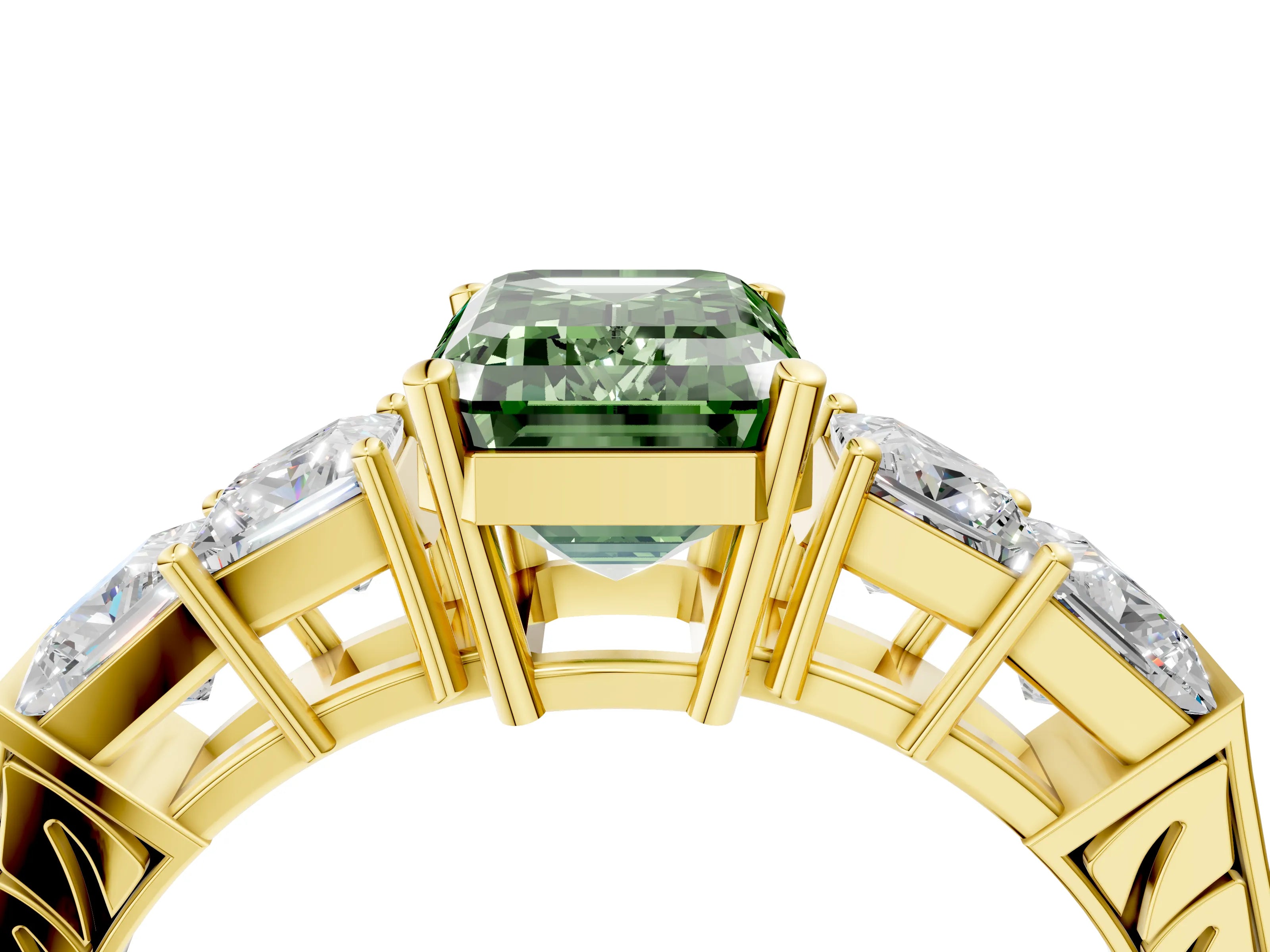 Yellow gold Fancy Green Emerald Cut Solitaire Princess Side Stone Engraved Band Prong Setting Ring_4