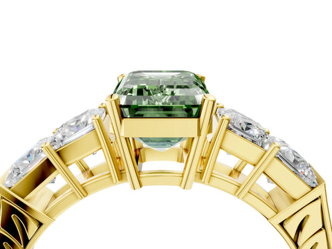 Yellow gold Fancy Green Emerald Cut Solitaire Princess Side Stone Engraved Band Prong Setting Ring_4