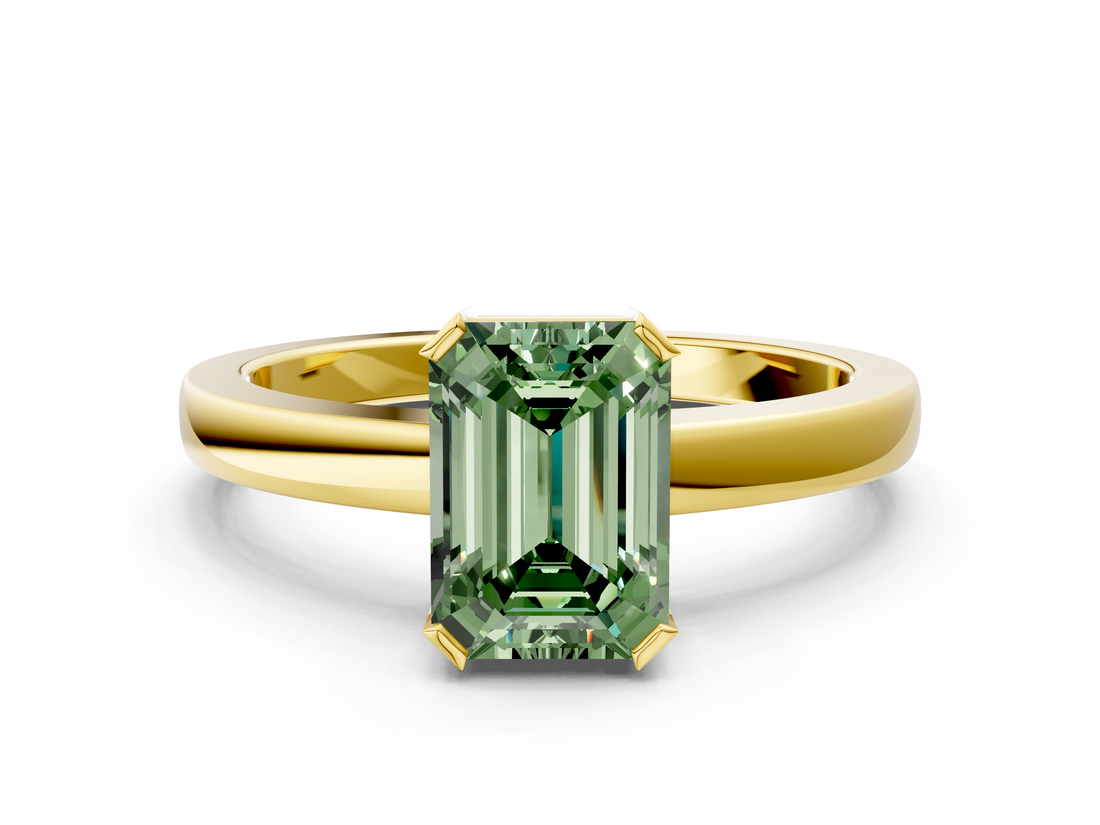 Yellow gold Fancy Green Emerald  Cut Solitaire Ring with Four-Prong Setting and Classic Band_27