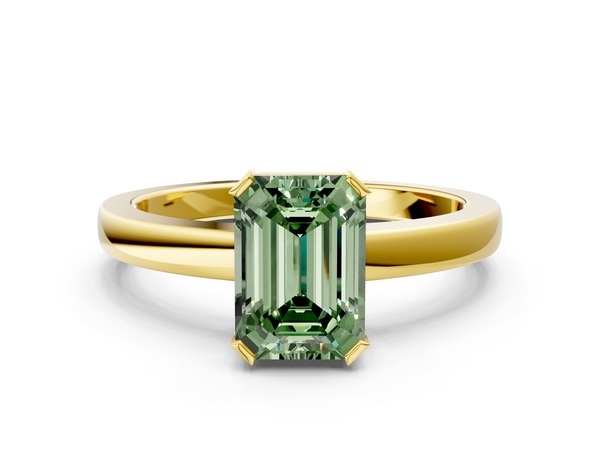 Yellow gold Fancy Green Emerald  Cut Solitaire Ring with Four-Prong Setting and Classic Band