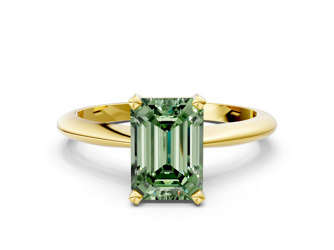 Yellow gold Fancy Green Emerald  Cut Solitaire Ring with Four-Prong Setting on a Classic Band_42