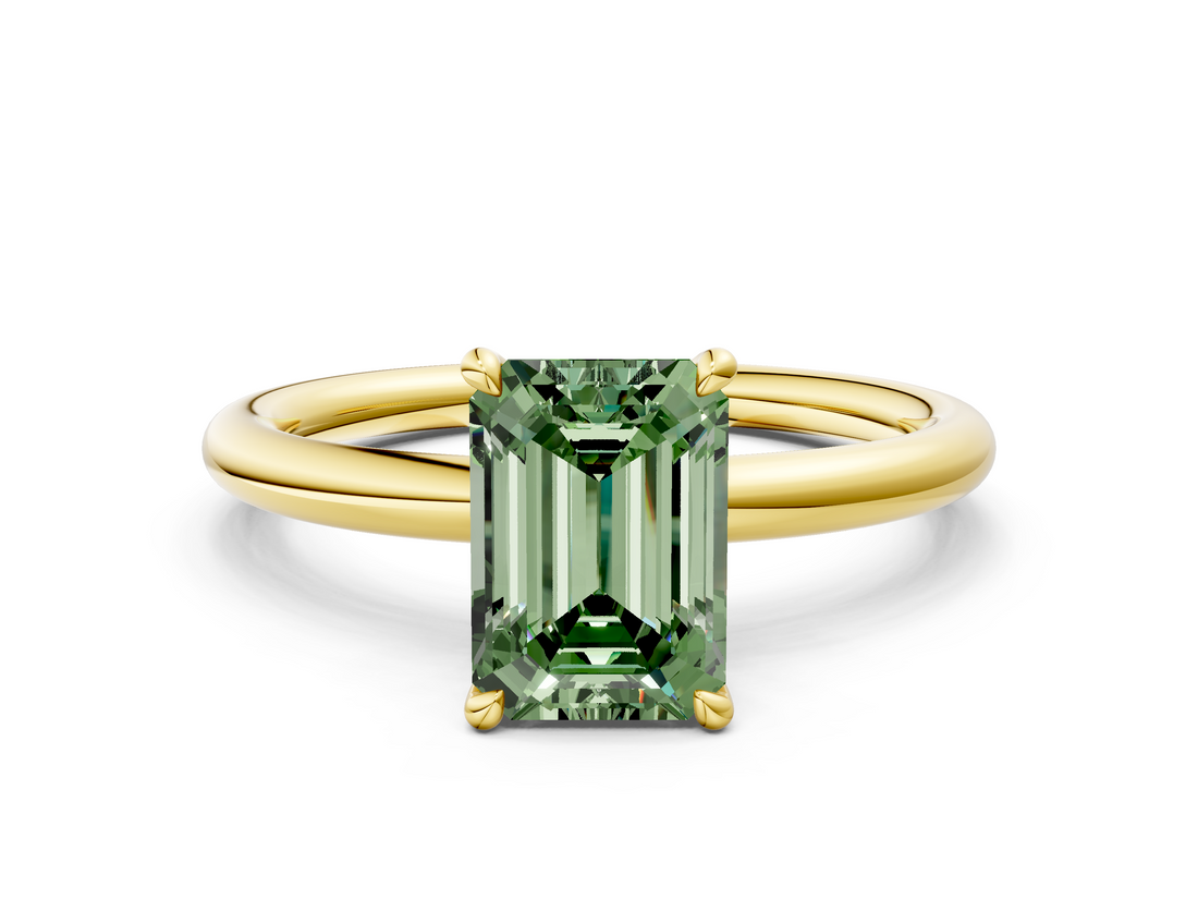 Yellow gold Fancy Green Emerald  Cut Solitaire Ring with Thin Band and Four-Prong Setting_16