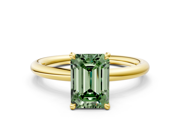 Yellow gold Fancy Green Emerald Cut Diamond Solitaire Ring with Thin Band and Four-Prong Setting