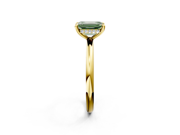 Yellow gold Fancy Green Emerald Cut Diamond Solitaire Ring with Thin Band and Four-Prong Setting