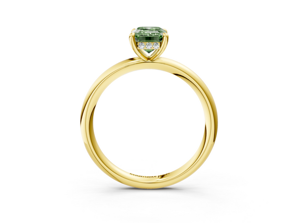 Yellow gold Fancy Green Emerald Cut Diamond Solitaire Ring with Thin Band and Four-Prong Setting