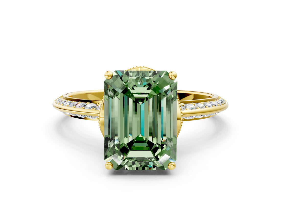 Yellow gold Fancy Green Emerald Cut Solitaire Split Shank Pave Diamond Engagement Ring with Four-Prong Setting_24