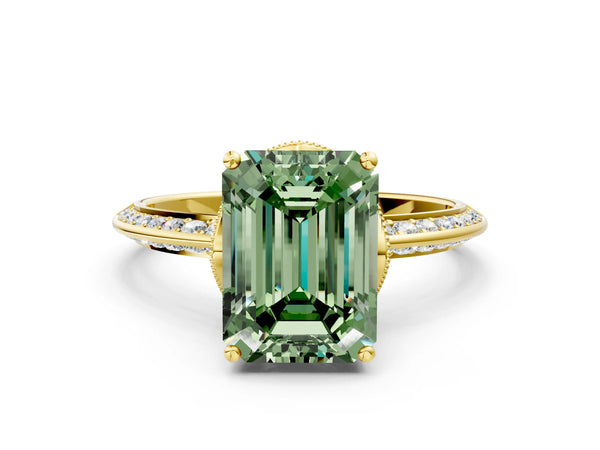 Yellow Gold Emerald Cut Graduated Pave Engagement Ring Setting for Fancy Green Center