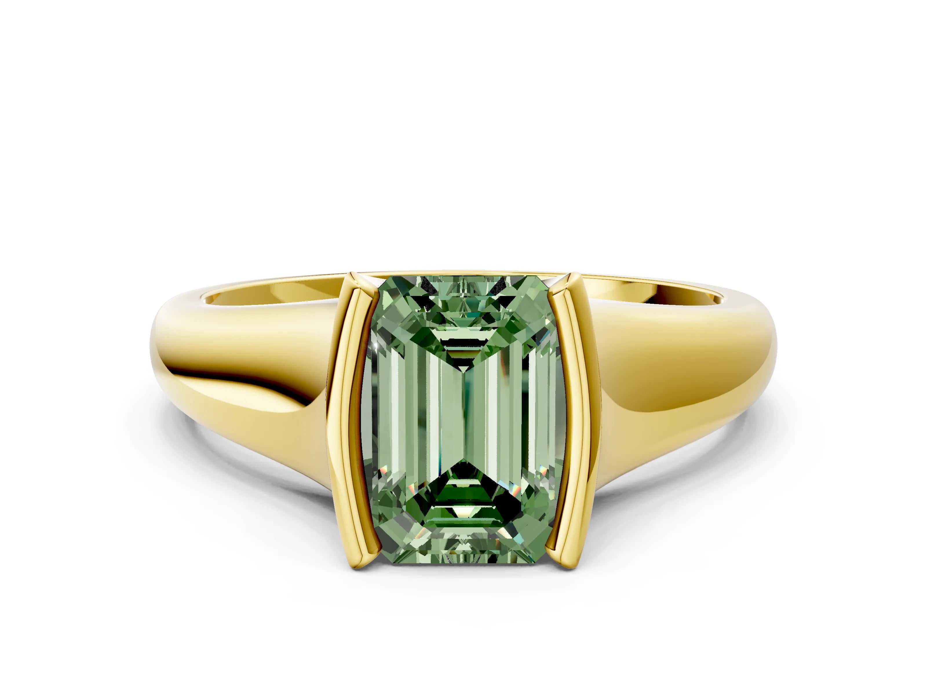 Yellow gold Fancy Green Emerald Cut Solitaire Tension Set Diamond Ring with Split Shank Band
