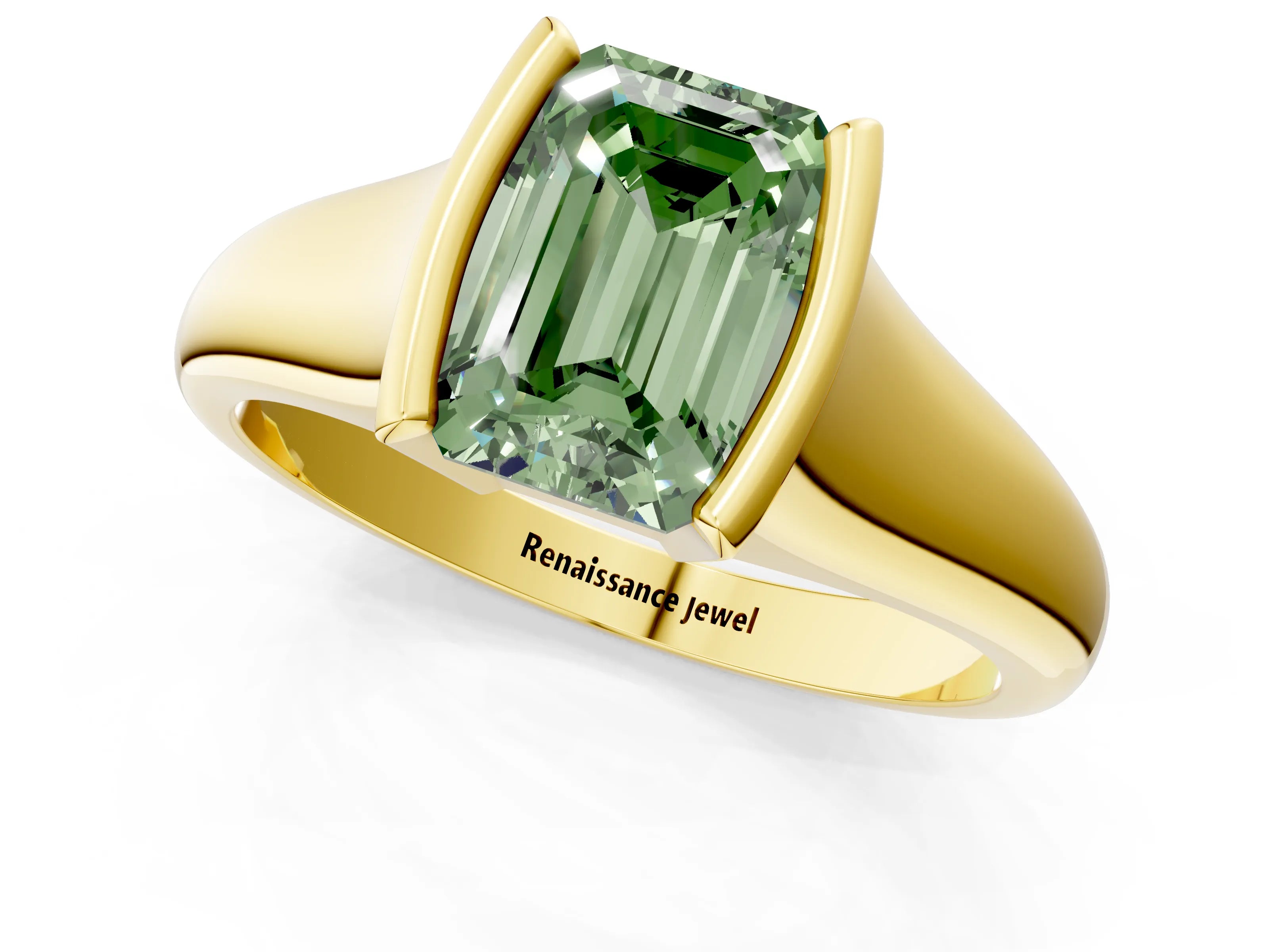 Yellow gold Fancy Green Emerald Cut Solitaire Tension Set Diamond Ring with Split Shank Band_1