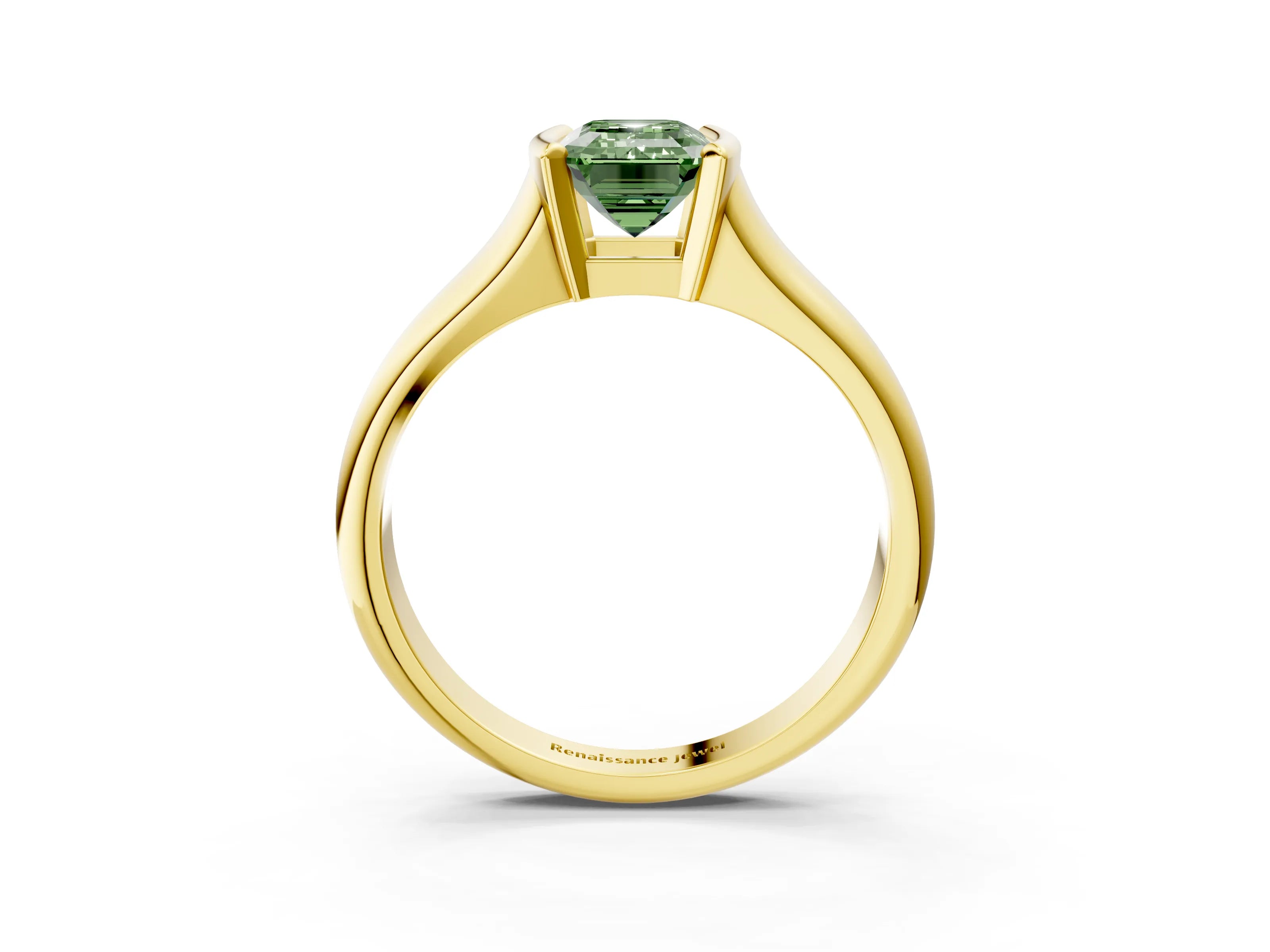 Yellow gold Fancy Green Emerald Cut Solitaire Tension Set Diamond Ring with Split Shank Band_3