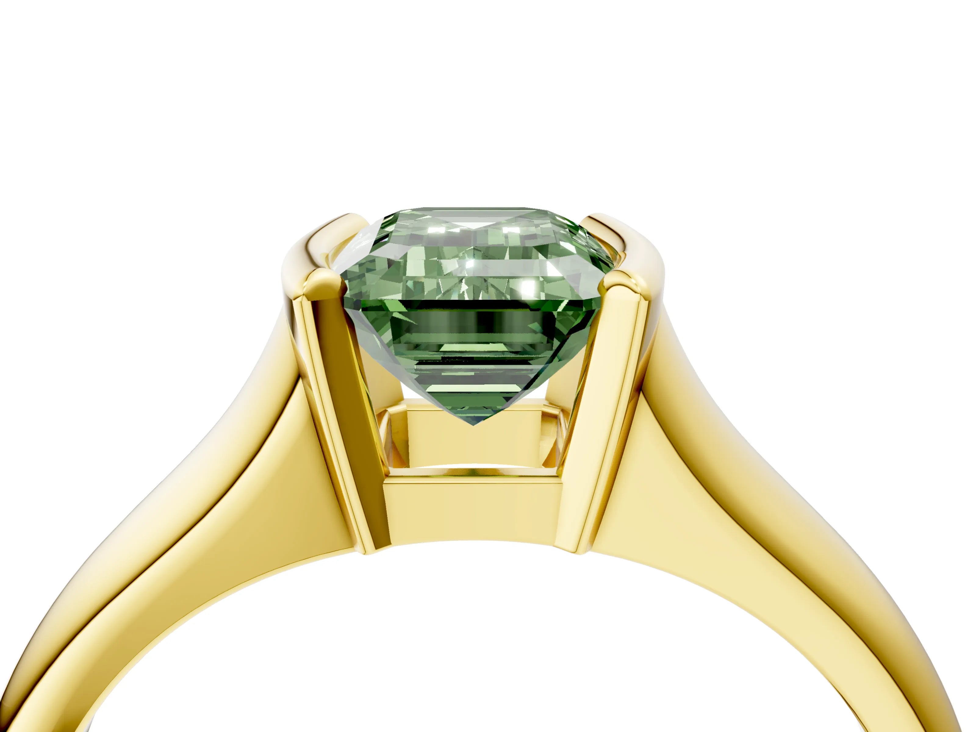 Yellow gold Fancy Green Emerald Cut Solitaire Tension Set Diamond Ring with Split Shank Band_4