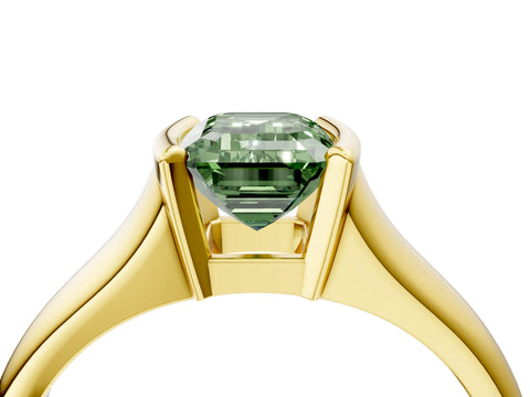 Yellow gold Fancy Green Emerald Cut Solitaire Tension Set Diamond Ring with Split Shank Band_4