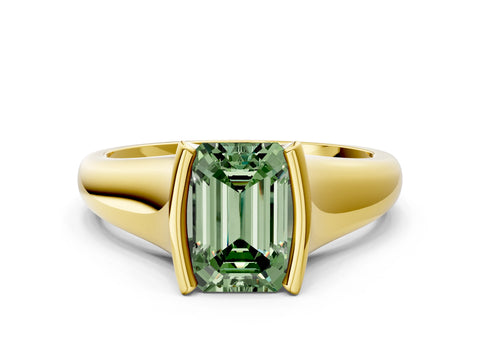Yellow gold Fancy Green Emerald Cut Solitaire Tension Set Diamond Ring with Split Shank Band