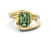 Yellow gold Fancy Green Emerald Cut Solitaire Tension-Set Diamond Split Shank Ring