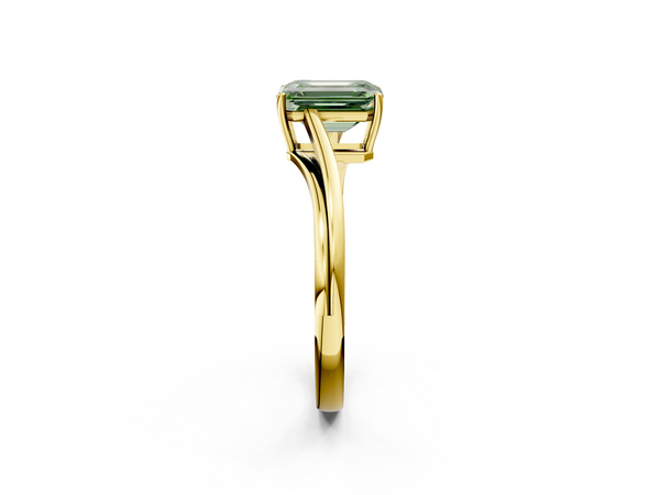Yellow gold Fancy Green Emerald  Cut Solitaire Twist Band Ring with Four-Prong Setting