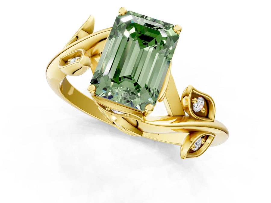 Yellow gold Fancy Green Emerald Cut Solitaire Twist Engagement Ring with Leaf Accents and Prong Setting