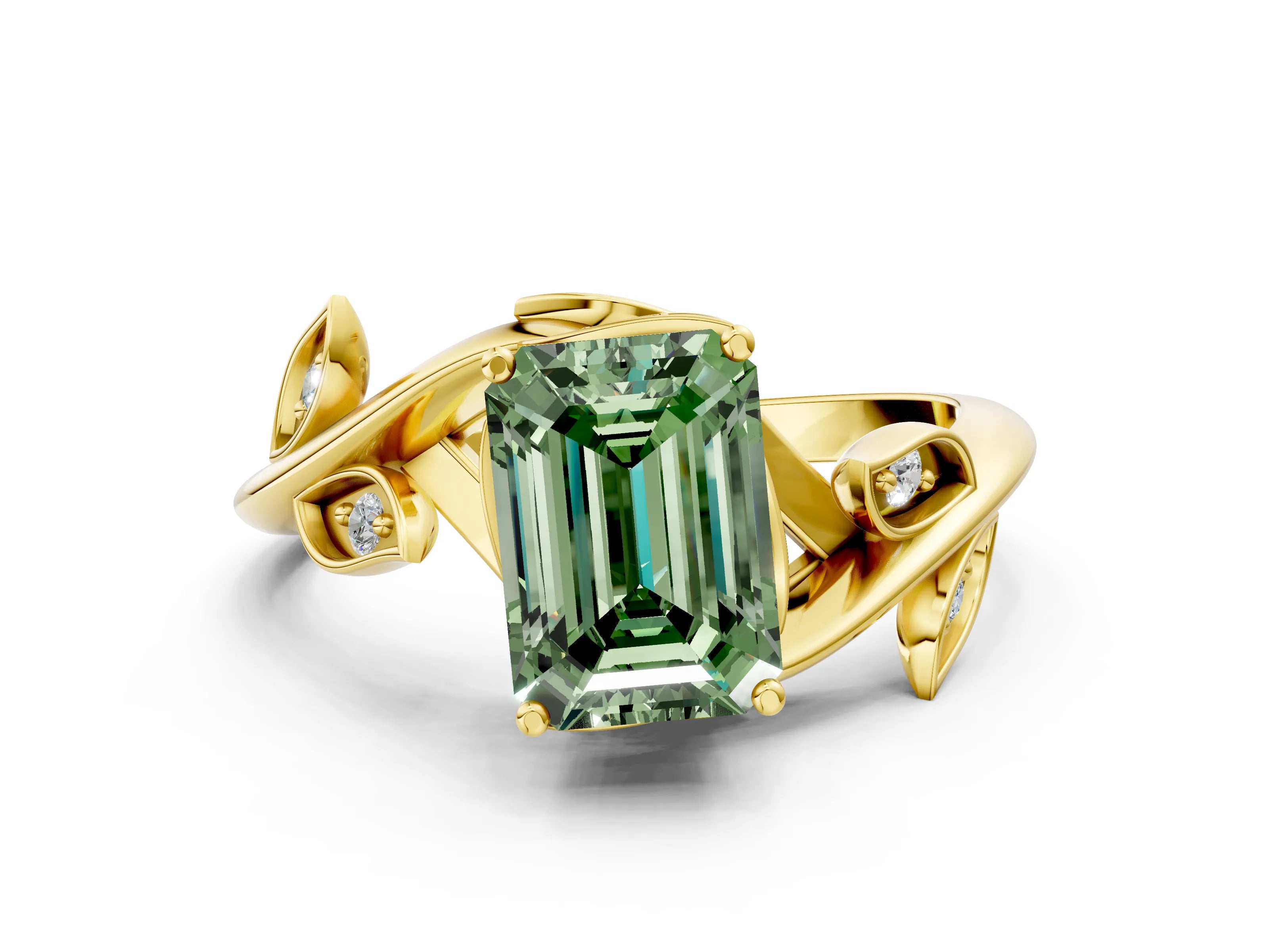 Yellow gold Fancy Green Emerald Cut Solitaire Twist Engagement Ring with Leaf Accents and Prong Setting_12