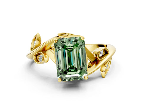 Yellow gold Fancy Green Emerald Cut Solitaire Twist Engagement Ring with Leaf Accents and Prong Setting_12