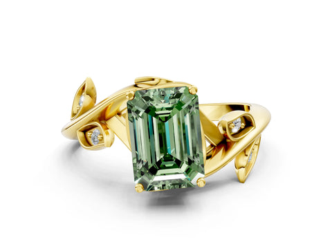Yellow gold Fancy Green Emerald Cut Solitaire Twist Engagement Ring with Leaf Accents and Prong Setting_12