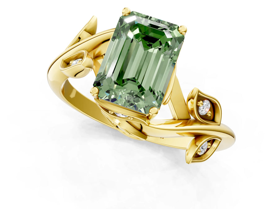 Yellow gold Fancy Green Emerald Cut Solitaire Twist Engagement Ring with Leaf Accents and Prong Setting
