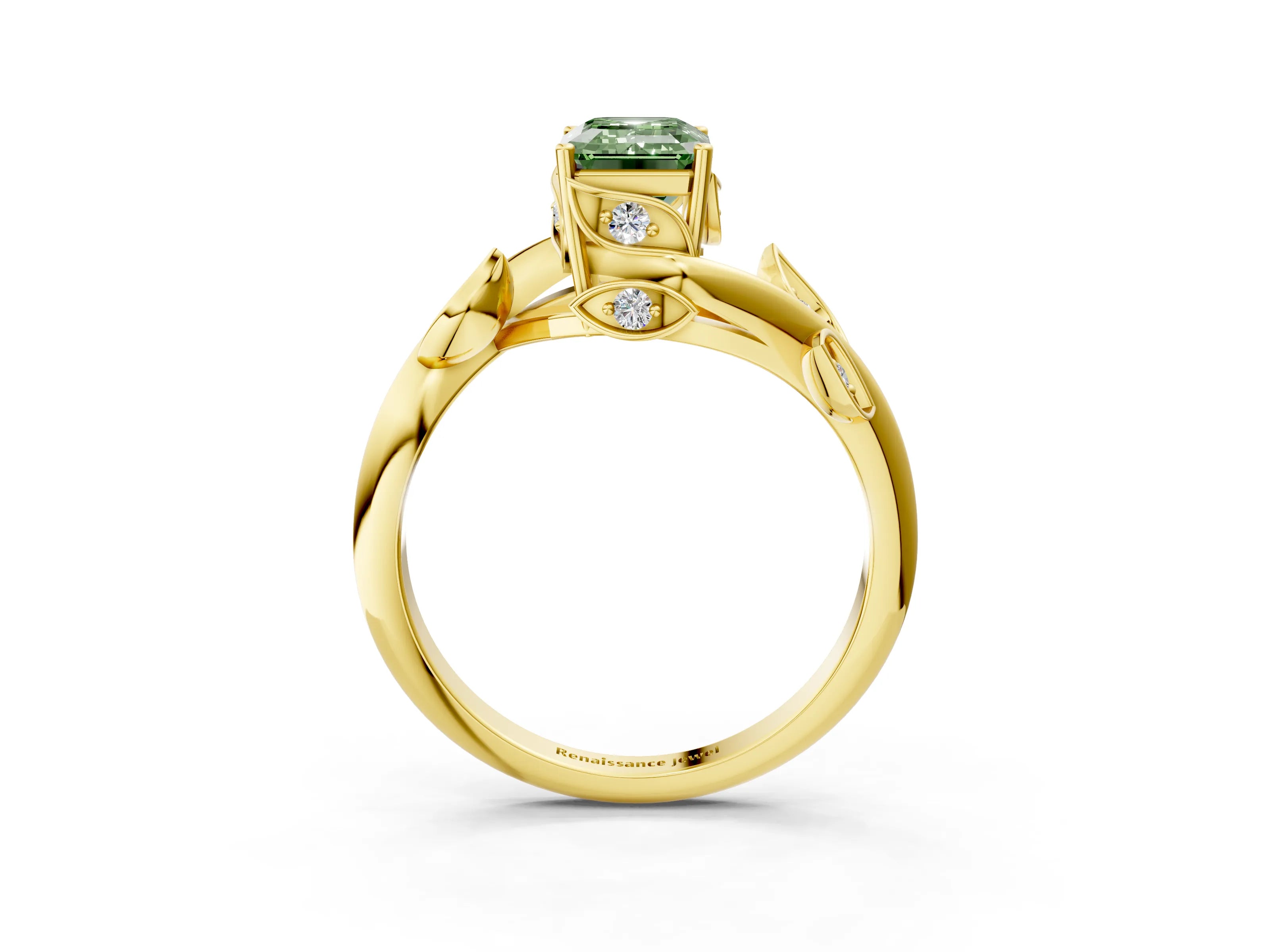 Yellow gold Fancy Green Emerald Cut Solitaire Twist Engagement Ring with Leaf Accents and Prong Setting_15