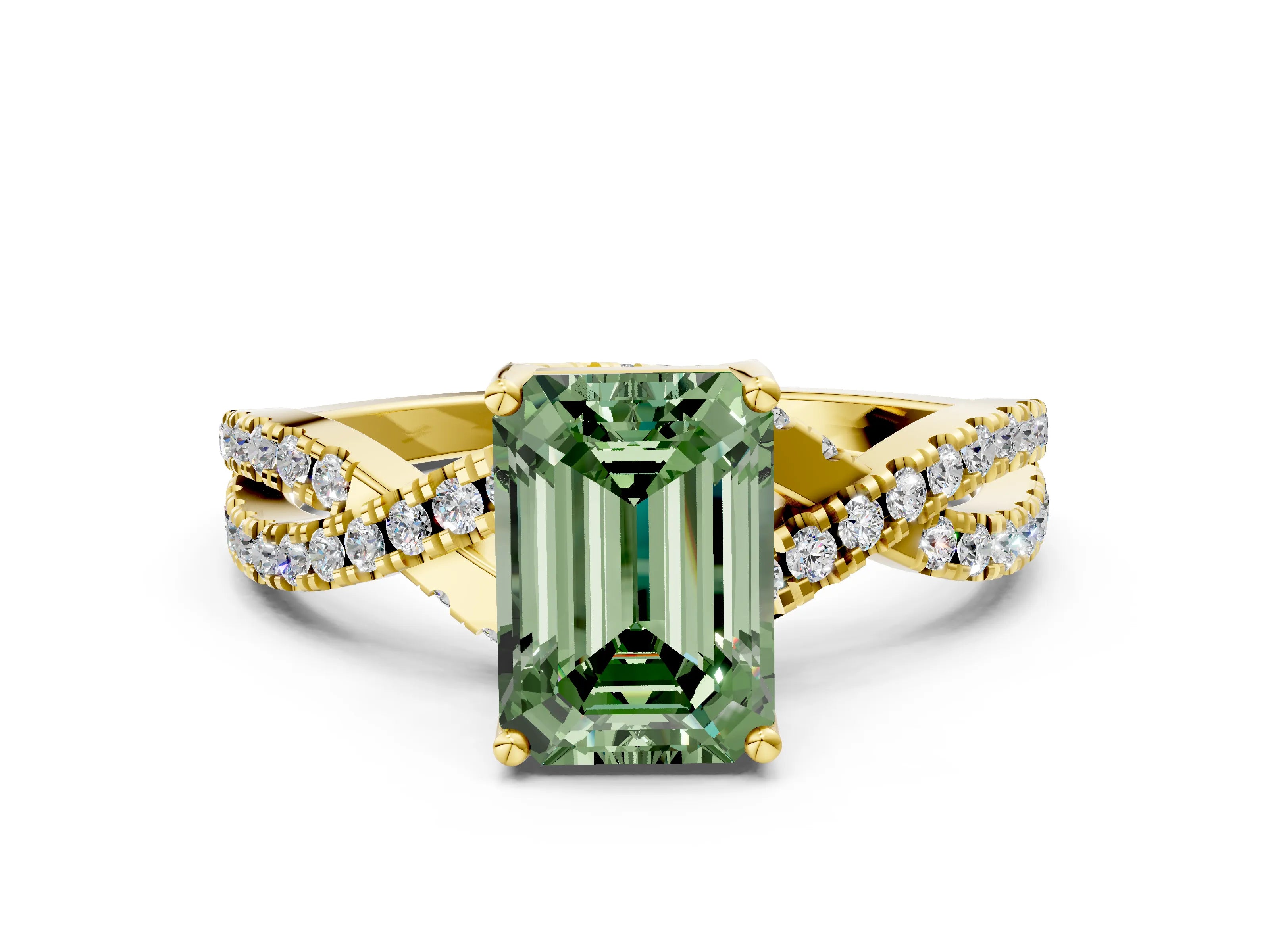 Yellow gold Fancy Green Emerald Cut Solitaire Twist Pave Diamond Engagement Ring with Prong Setting