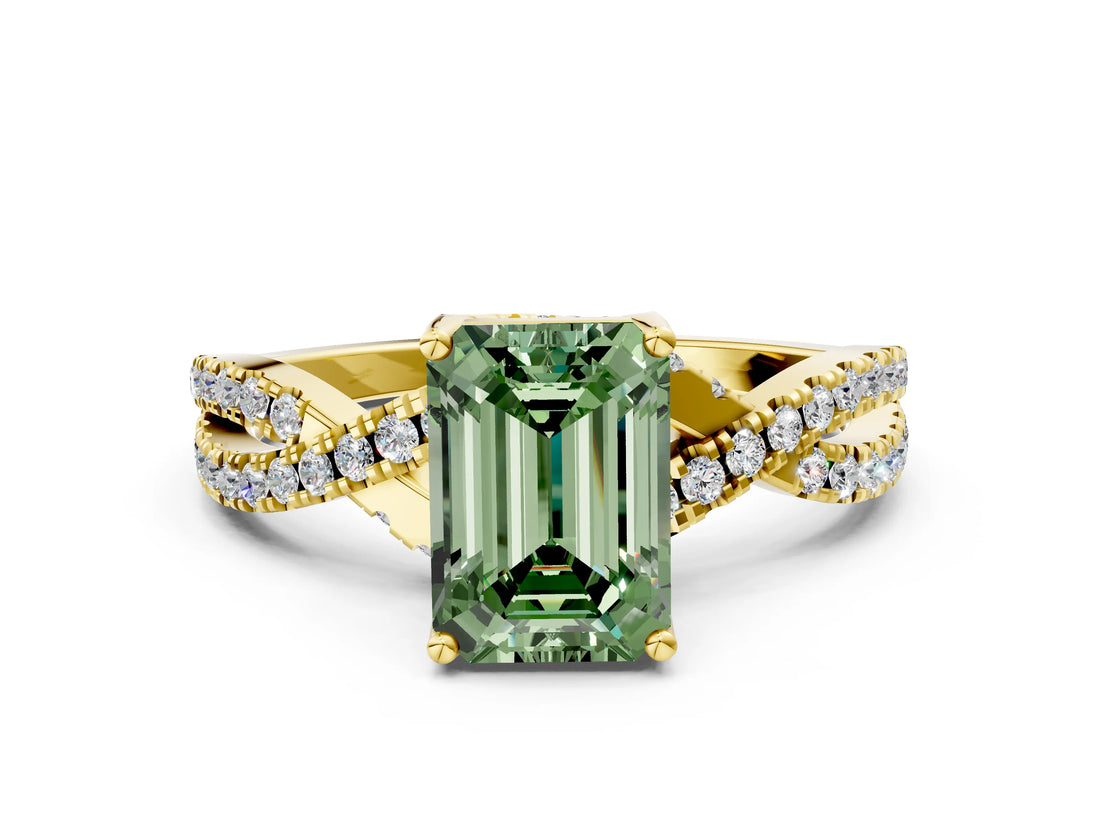 Yellow gold Fancy Green Emerald Cut Solitaire Twist Pave Diamond Engagement Ring with Prong Setting