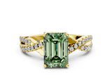 Yellow gold Fancy Green Emerald Cut Solitaire Twist Pave Diamond Engagement Ring with Prong Setting