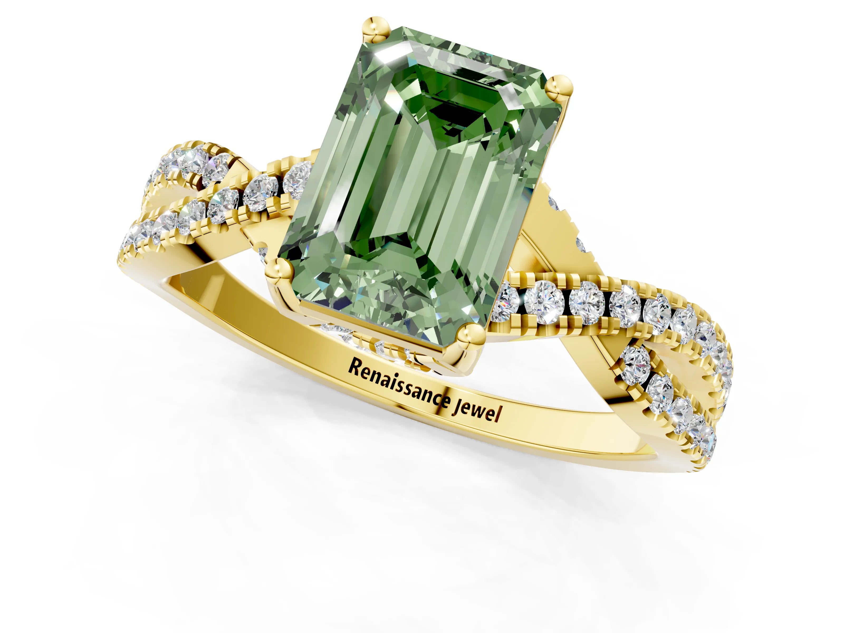 Yellow gold Fancy Green Emerald Cut Solitaire Twist Pave Diamond Engagement Ring with Prong Setting_1