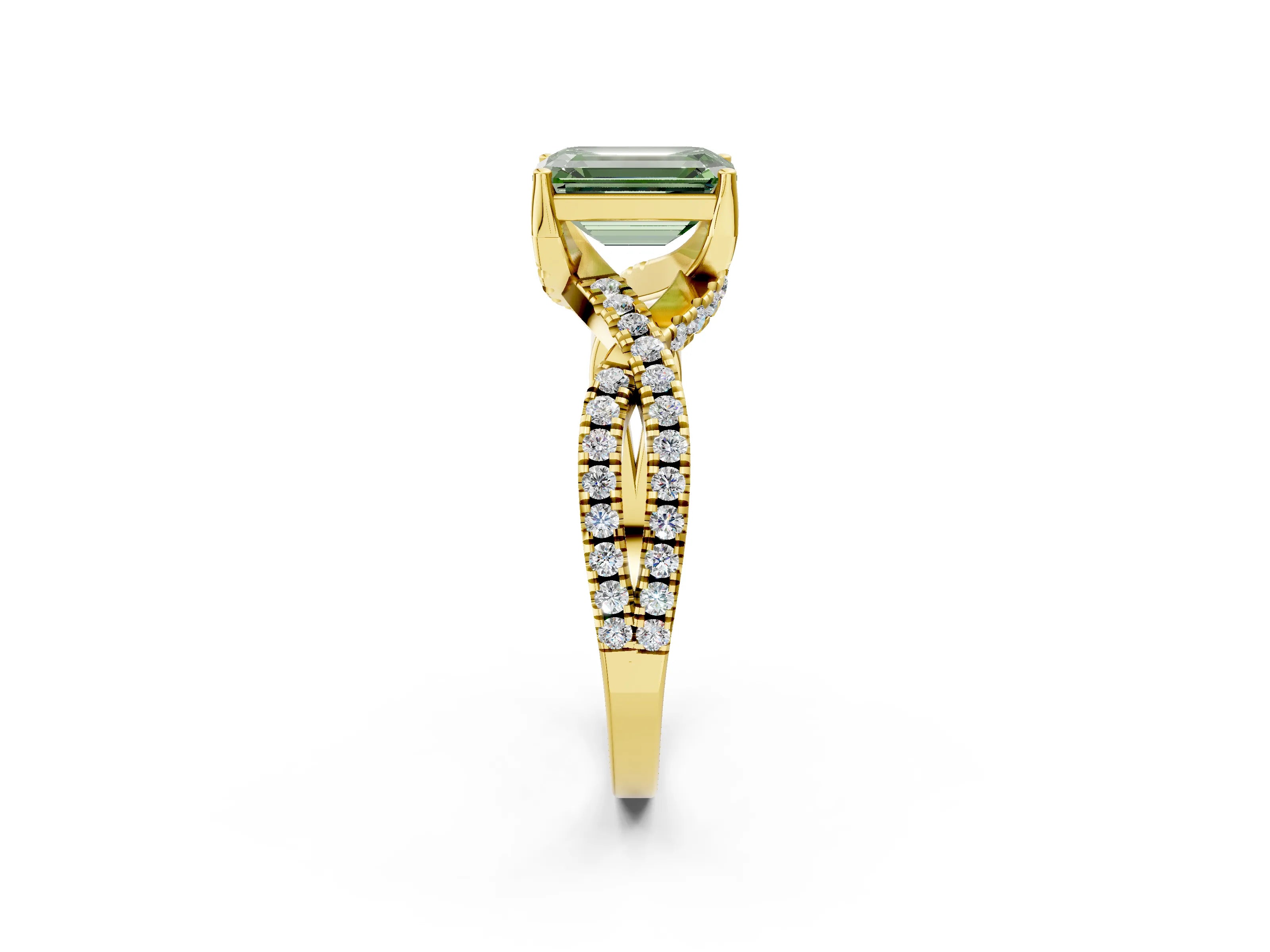 Yellow gold Fancy Green Emerald Cut Solitaire Twist Pave Diamond Engagement Ring with Prong Setting_2