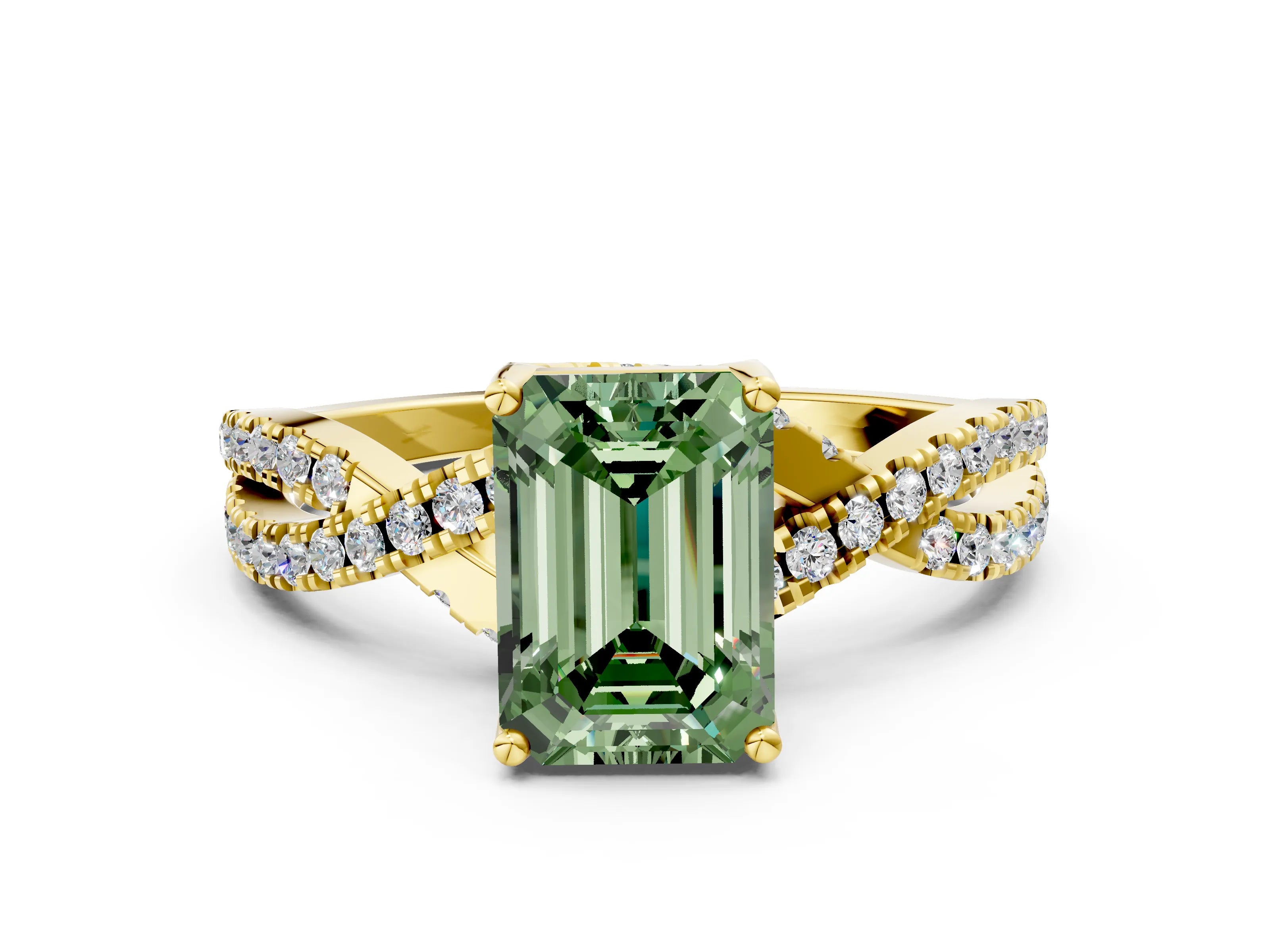 Yellow gold Fancy Green Emerald Cut Solitaire Twist Pave Diamond Engagement Ring with Prong Setting_24