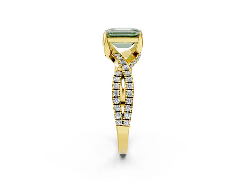 Yellow gold Fancy Green Emerald Cut Solitaire Twist Pave Diamond Engagement Ring with Prong Setting_2