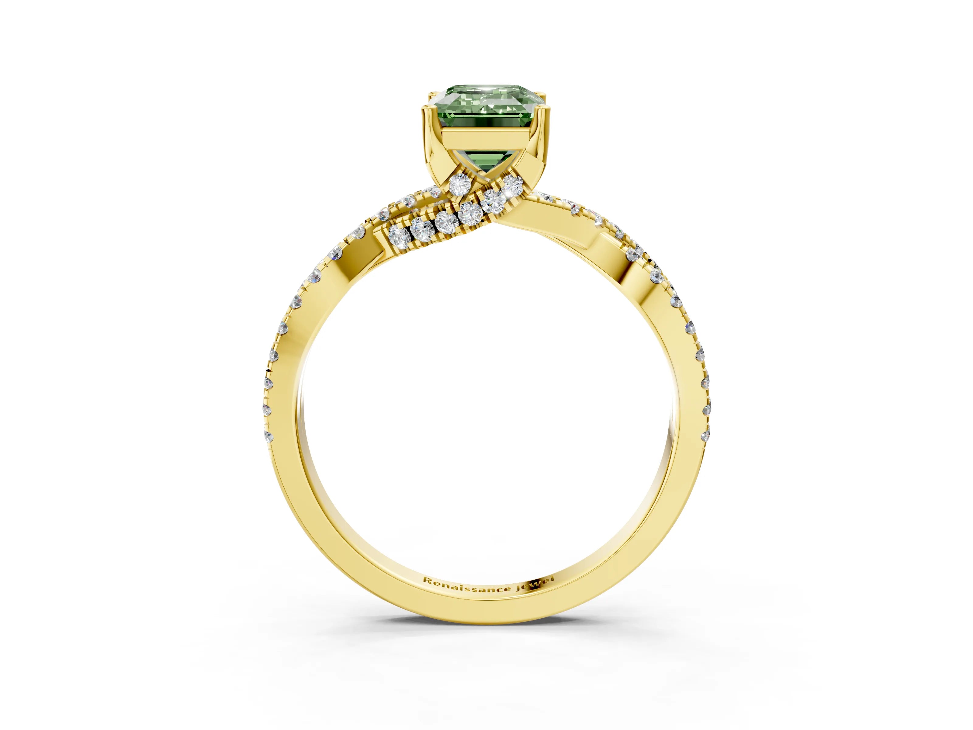 Yellow gold Fancy Green Emerald Cut Solitaire Twist Pave Diamond Engagement Ring with Prong Setting_3
