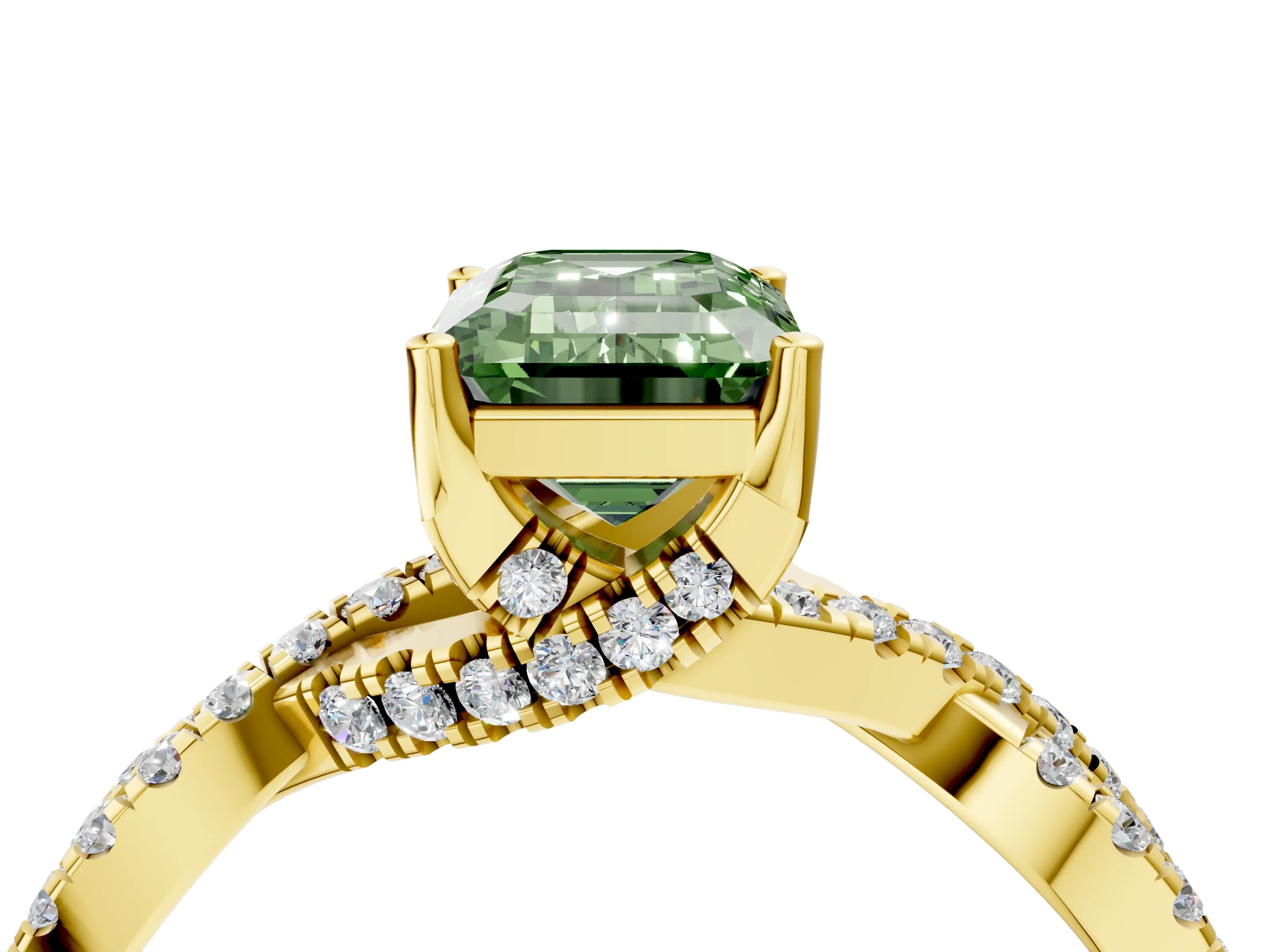 Yellow gold Fancy Green Emerald Cut Solitaire Twist Pave Diamond Engagement Ring with Prong Setting_4