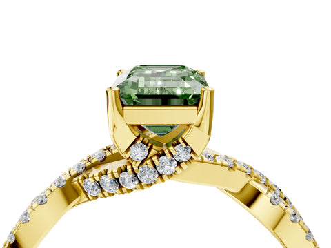 Yellow gold Fancy Green Emerald Cut Solitaire Twist Pave Diamond Engagement Ring with Prong Setting_4