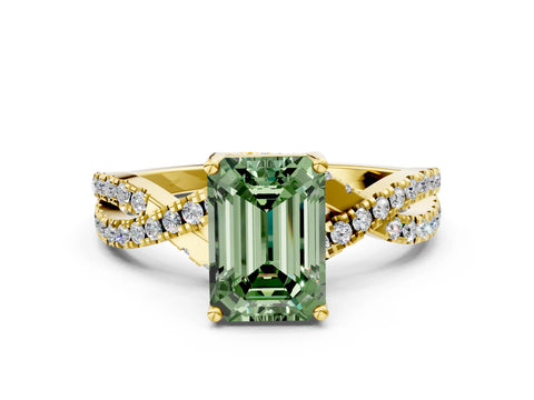 Yellow gold Fancy Green Emerald Cut Solitaire Twist Pave Diamond Engagement Ring with Prong Setting