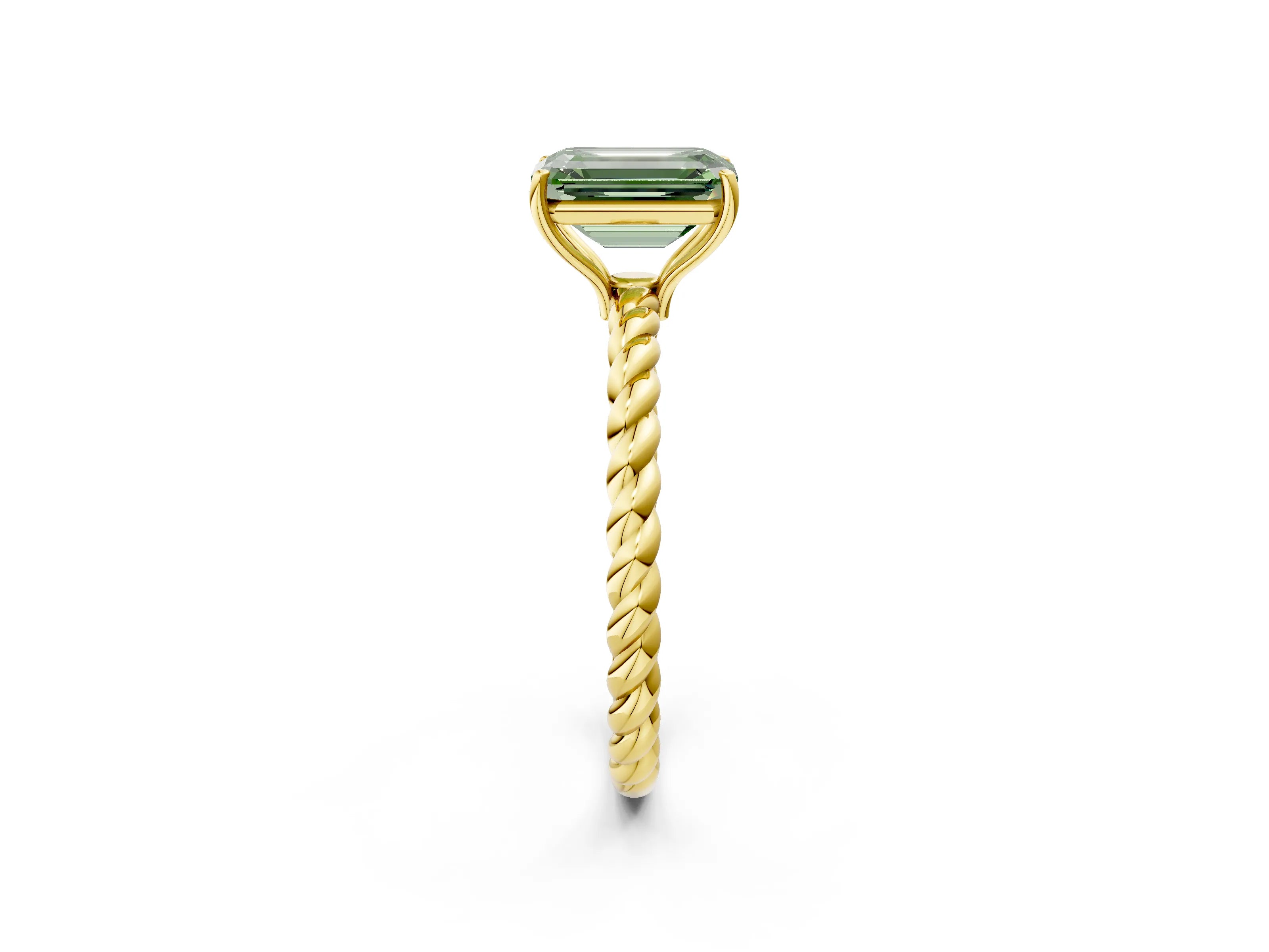 Yellow gold Fancy Green Emerald Cut Solitaire Twisted Band 4-Prong Ring_2