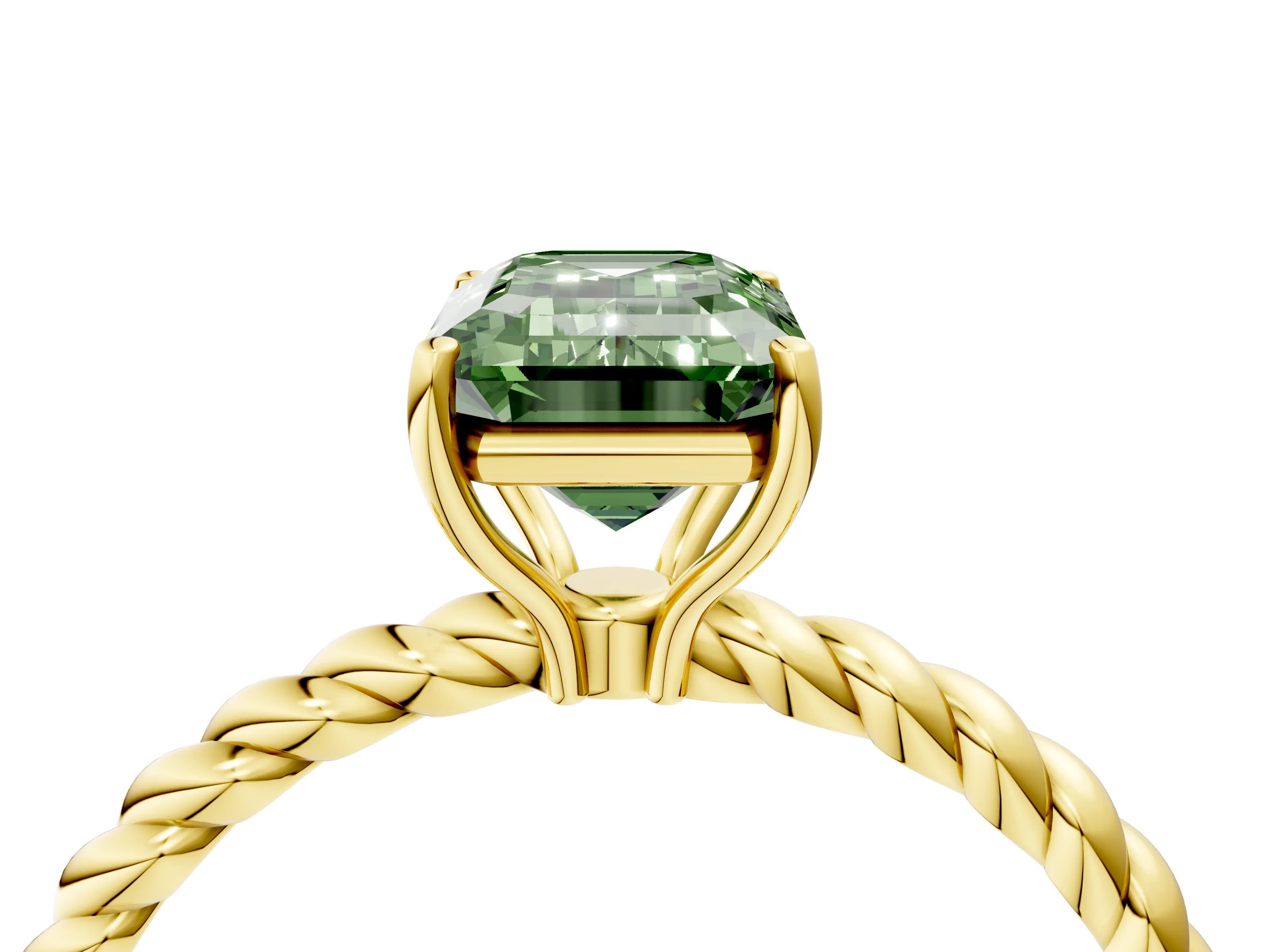 Yellow gold Fancy Green Emerald Cut Solitaire Twisted Band 4-Prong Ring_4