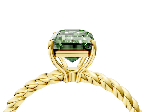 Yellow gold Fancy Green Emerald Cut Solitaire Twisted Band 4-Prong Ring_4