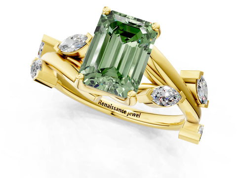 Yellow gold Fancy Green Emerald Cut Solitaire Twisted Band Marquise Accent Prong Setting Ring_1