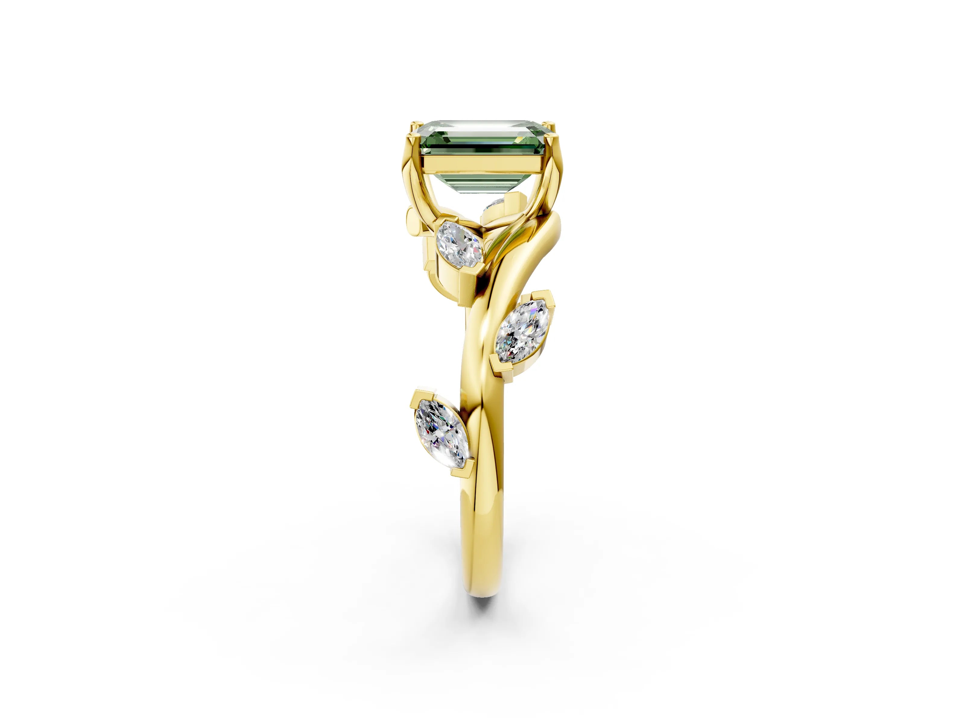 Yellow gold Fancy Green Emerald Cut Solitaire Twisted Band Marquise Accent Prong Setting Ring_2
