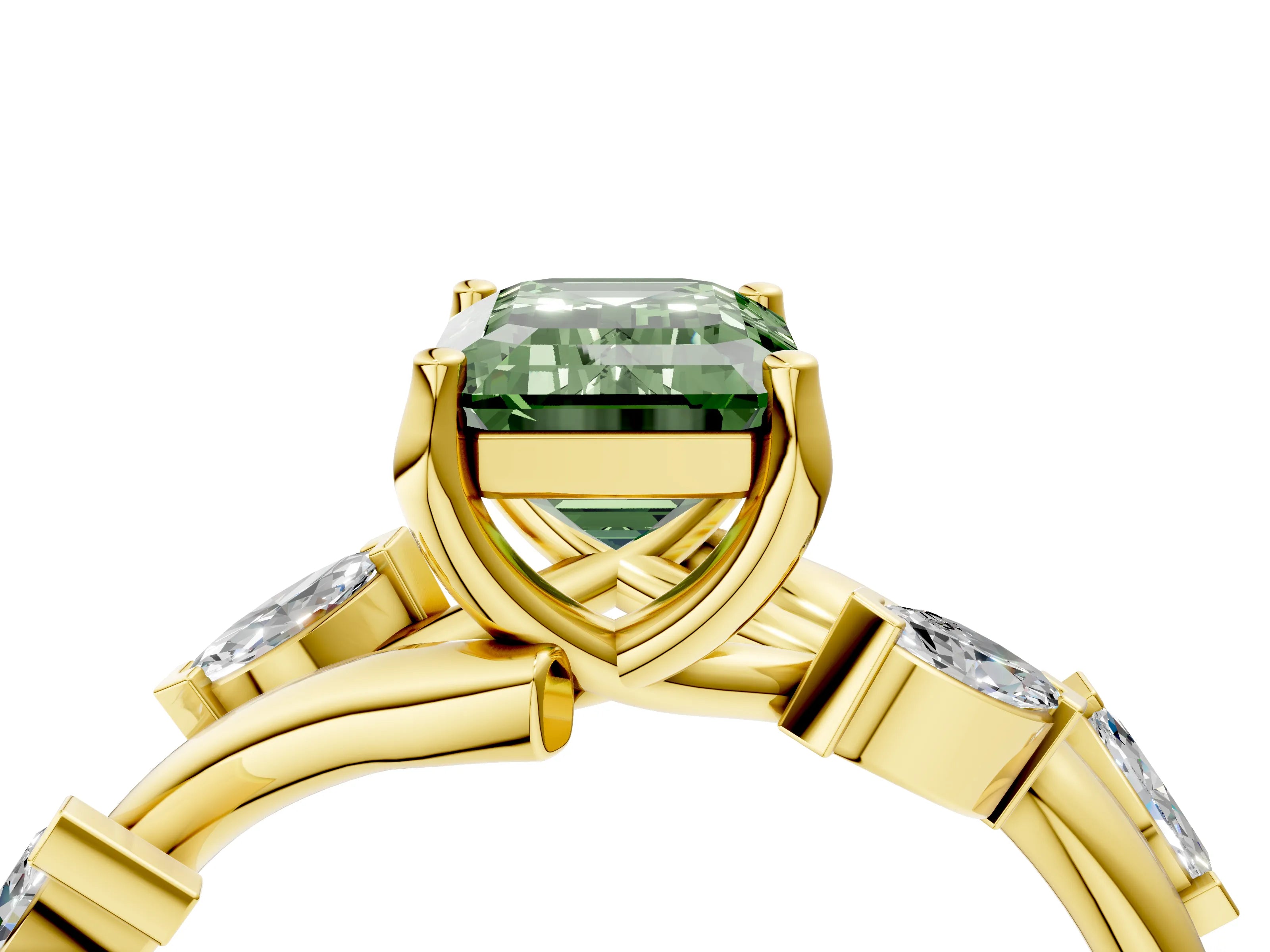 Yellow gold Fancy Green Emerald Cut Solitaire Twisted Band Marquise Accent Prong Setting Ring_4
