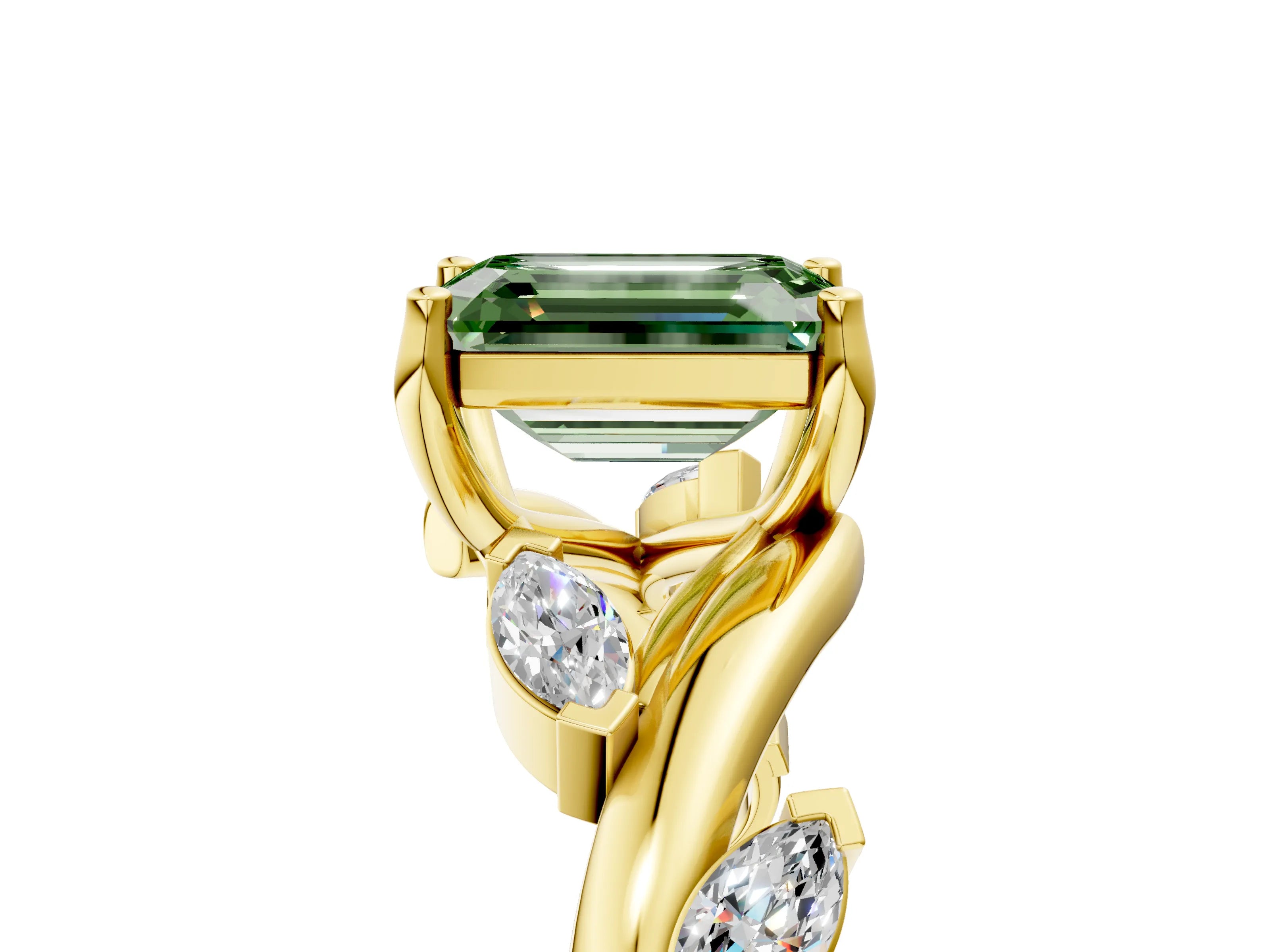 Yellow gold Fancy Green Emerald Cut Solitaire Twisted Band Marquise Accent Prong Setting Ring_5