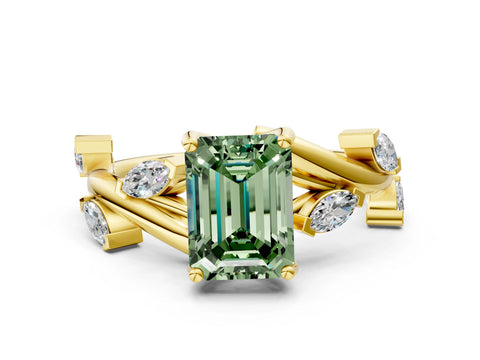 Yellow gold Fancy Green Emerald Cut Solitaire Twisted Band Marquise Accent Prong Setting Ring