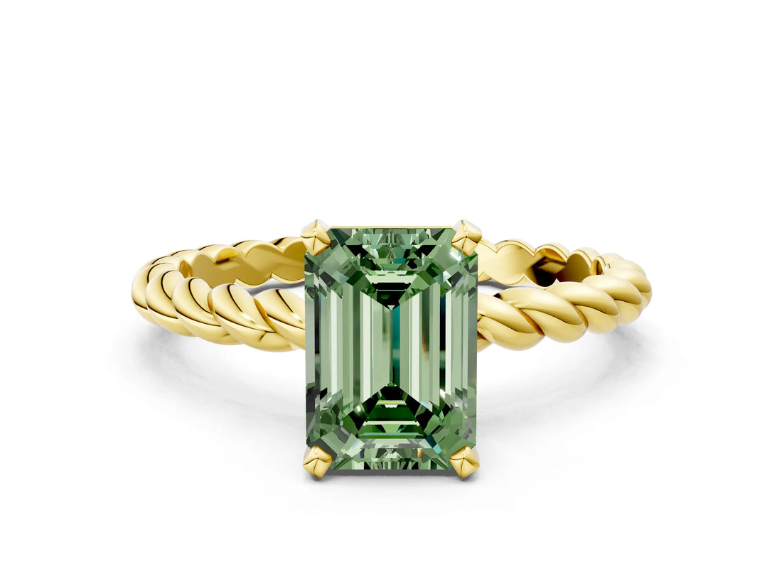 Yellow gold Fancy Green Emerald  Cut Solitaire Twisted Band with Four-Prong Setting_104