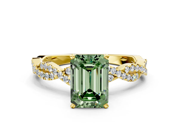 Yellow gold Fancy Green Emerald Cut Solitaire Twisted Pave Band with Four-Prong Setting